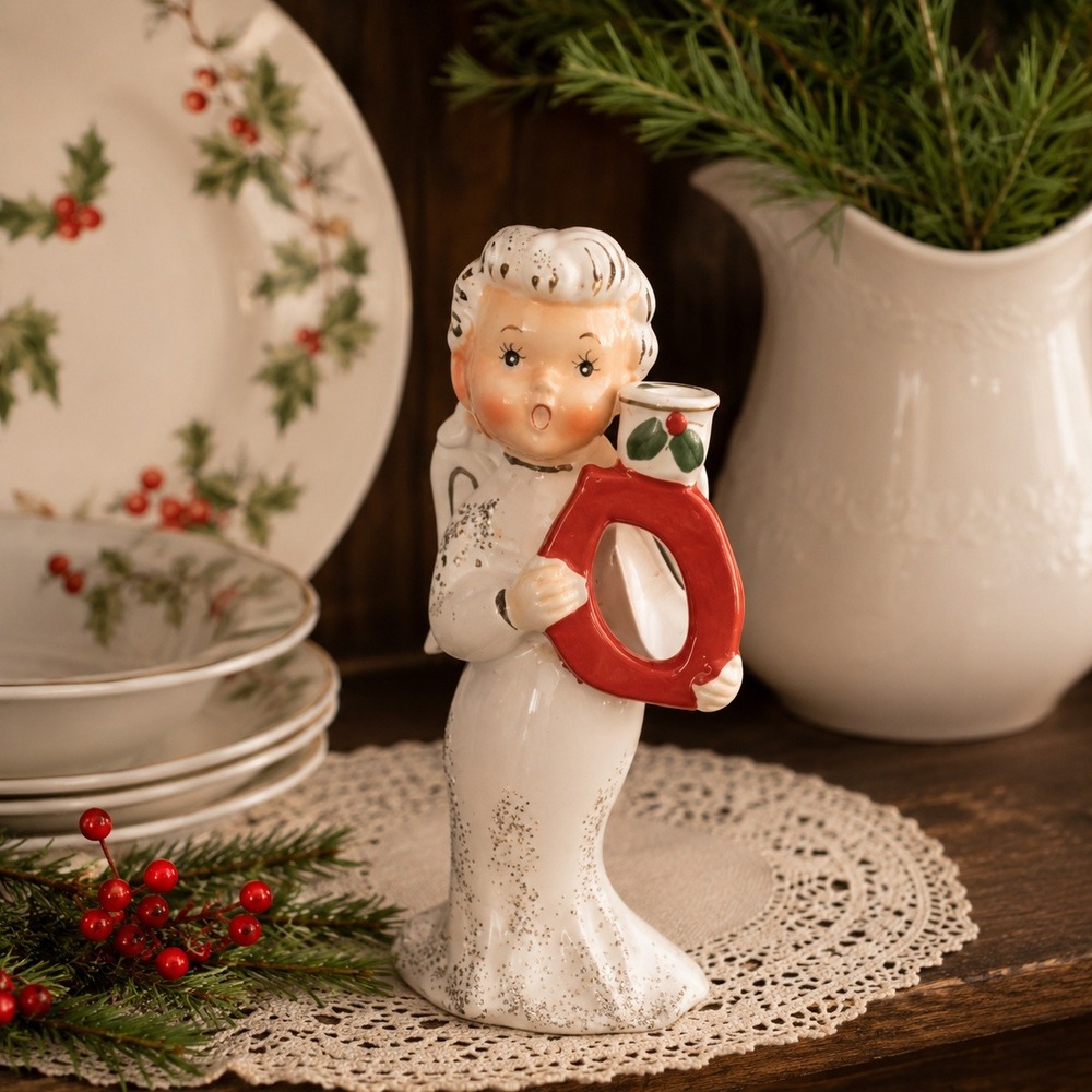 Napco NOEL Angel Letter "O" Ceramic Christmas Figures Candle Holders  Japan 1957